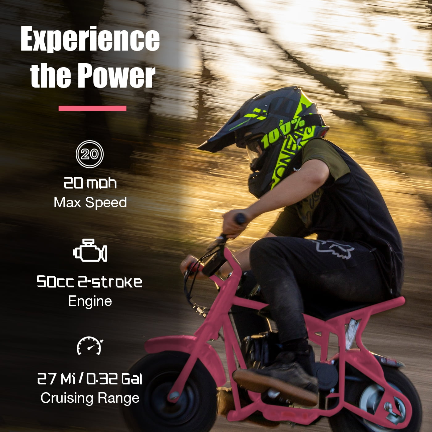 50cc 2-Stroke Kids Dirt Bike, Gas Powered with Pull Start, No Oil Mixing (Oil-Injection), Rear Disc Brake, Up to 20 MPH, 165 lb Capacity, for Teens 13+