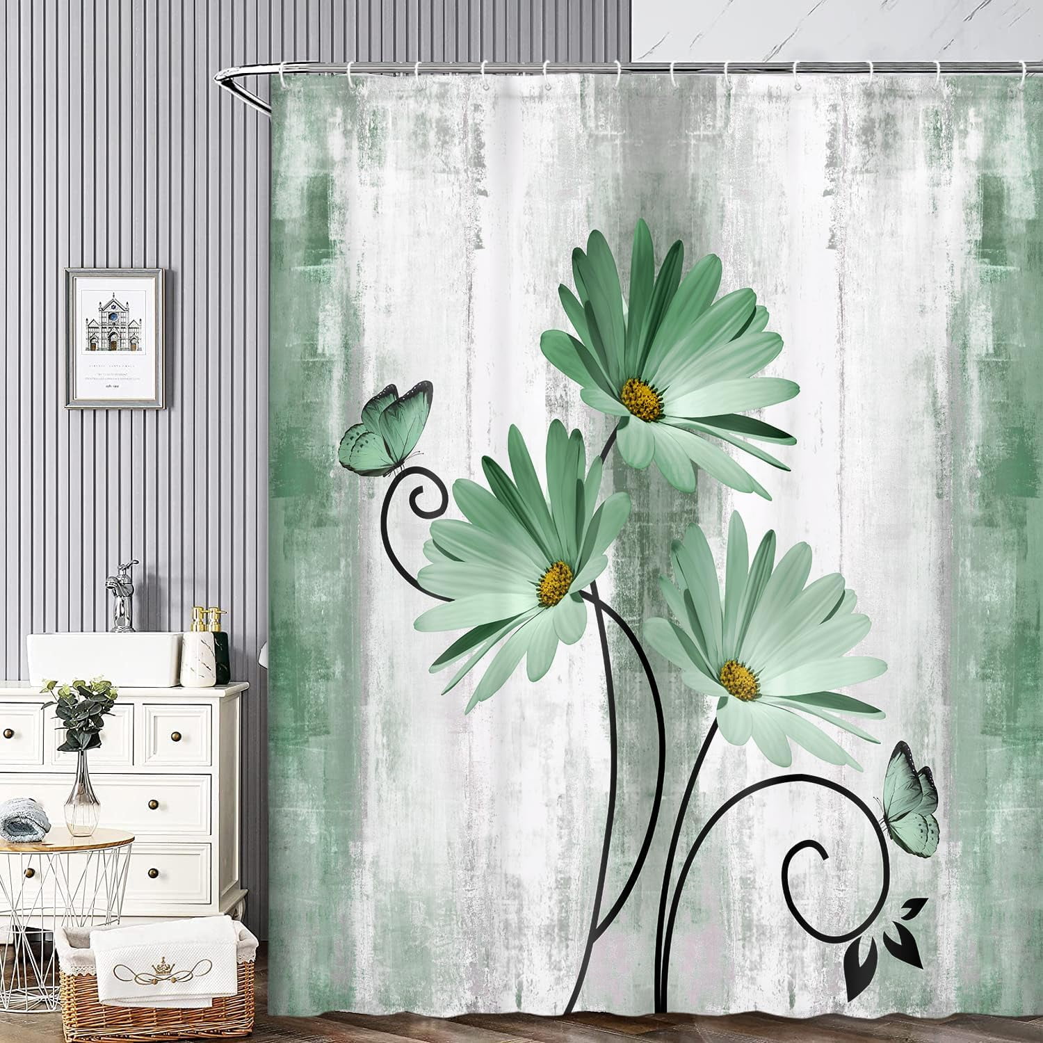Rustic Farmhouse Shower Curtain, Farm Sage Green Daisy Floral Flowers and Butterfly on Country Wooden Shower Curtain for Bathroom, Turquoise Teal Gray Grey Shower Curtain with 12PCS Hooks, 72X84IN