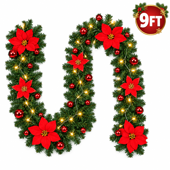 Christmas Garland with LED Lights Green Rattan with Red Flower Christmas Decorations for Home Stairs Fireplace Indoor Outdoor 9 Ft