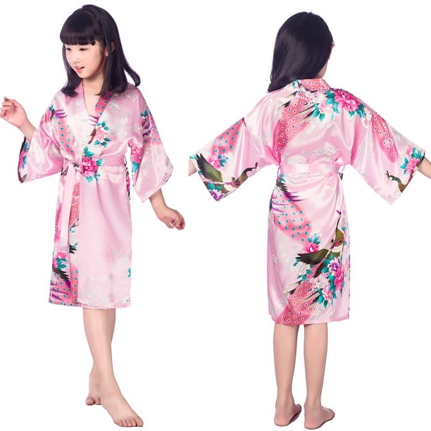Camisón largo con estampado de peonías y pavo real para niña, bata de baño de verano de seda sintética fina para niños, cárdigan para el hogar