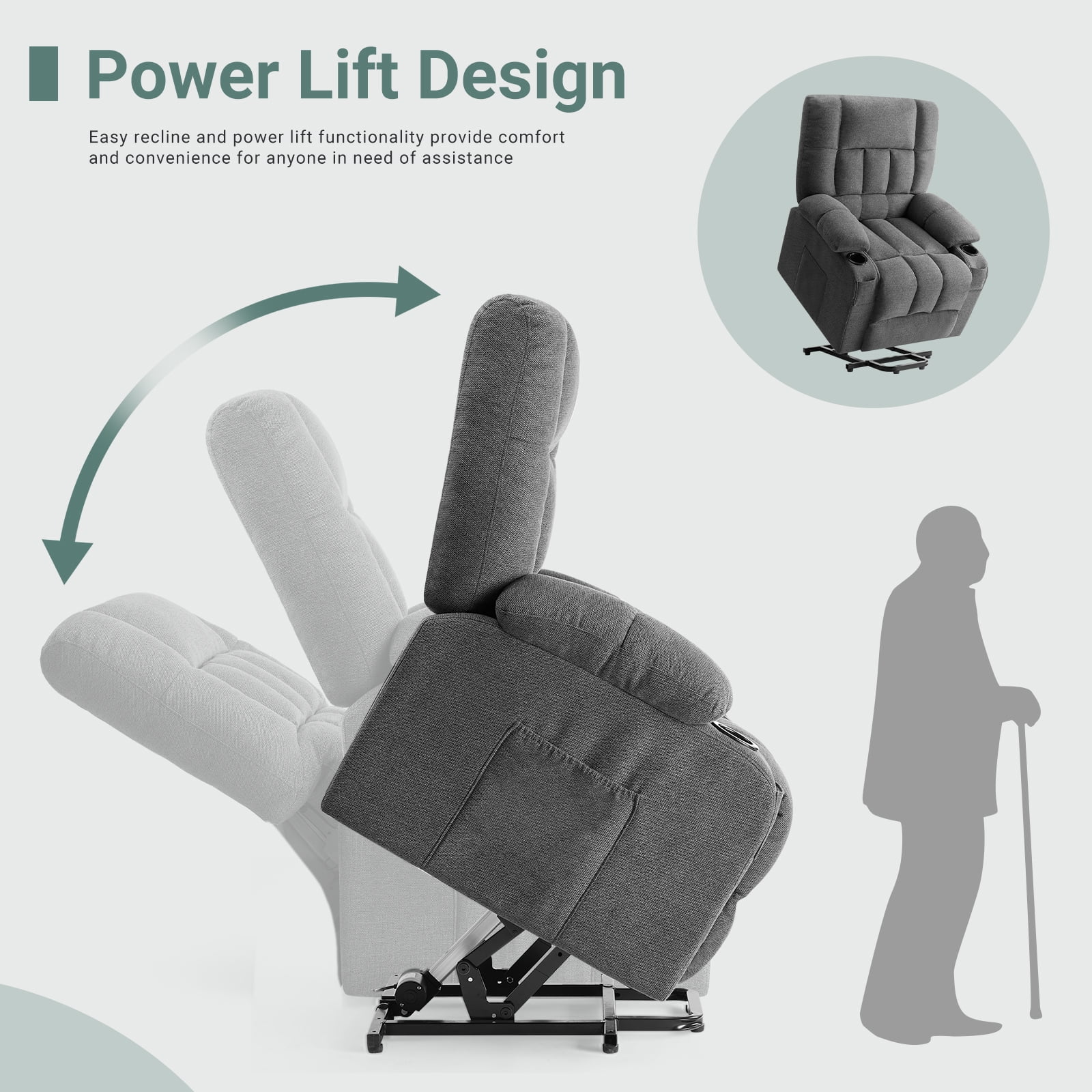 GIANNA Lift Recliner Chair for Elderly, With Massage and Heating, Lumbar Support, Remote Control, Gray
