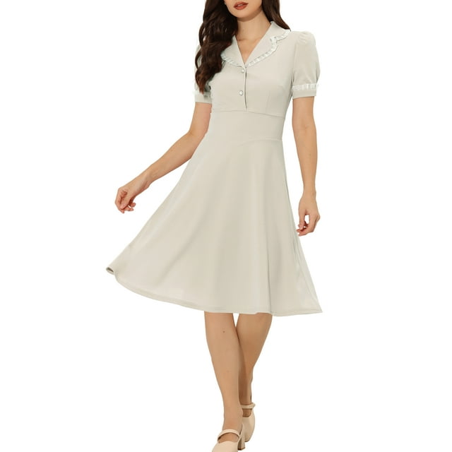 INSPIRE CHIC Robe Vintage à Fleurs pour Femme à Col Peter Pan, à Nouer au Cou, Manches Courtes, Ligne A, Élégante, Ceinturée, L Bleu Pâle