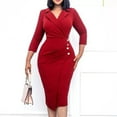 thumbnail image 2 of biudgviw Formal Dresses for Women Long Sleeve Collared V Neck Midi Suit Dress Fashion Back Slit Pencil Bodycon Work Dress, 2 of 7