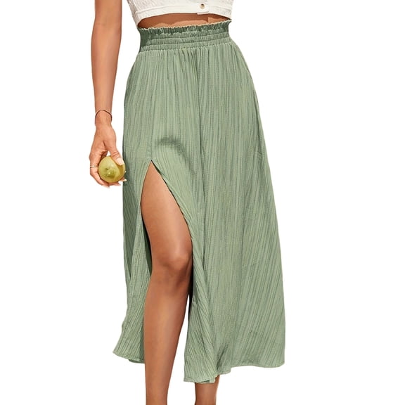 Women'S High Waist Solid Midi Skirt with Split Thigh and Pleated Paperbag Waist Green S
