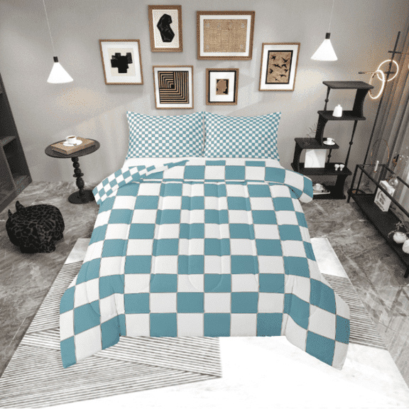 Erosebridal White Blue Checkered Comforter Set Full Size Buffalo Plaid Grid Bedding Set Teen Checkerboard Quilt Set Aesthetics Gingham Duvet Set Modern Room Decor