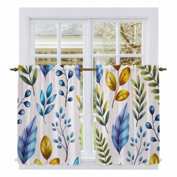 Watercolor Botanical Kitchen Curtains 45 Inch Length, Blue Yellow Leaves Floral Plants Spring Tiers Curtains for Bathroom Bedroom Cafe, Light Filtering Window Treatment Drapes 2 Panels 42"Wx45"L