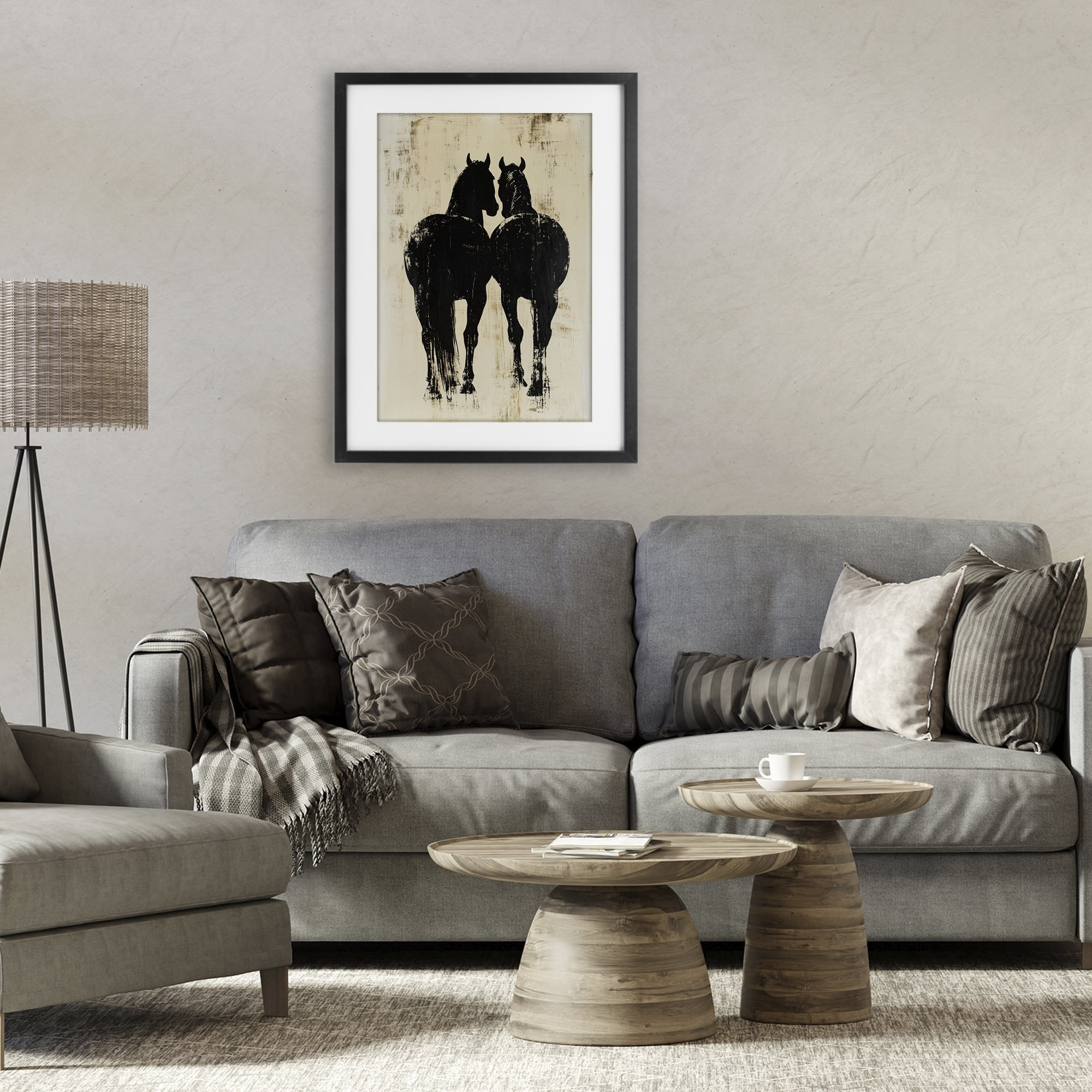 Stupell Industries Twin Horses Facing Away Black Framed Print Under Glass, design by Petal Prints Design