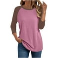 thumbnail image 2 of Tops for Women 3/4 Sleeve Round Neck Color Blocked T-shirt,Blouse for Women Plus Size 3-Hot Pink XXXL, 2 of 4