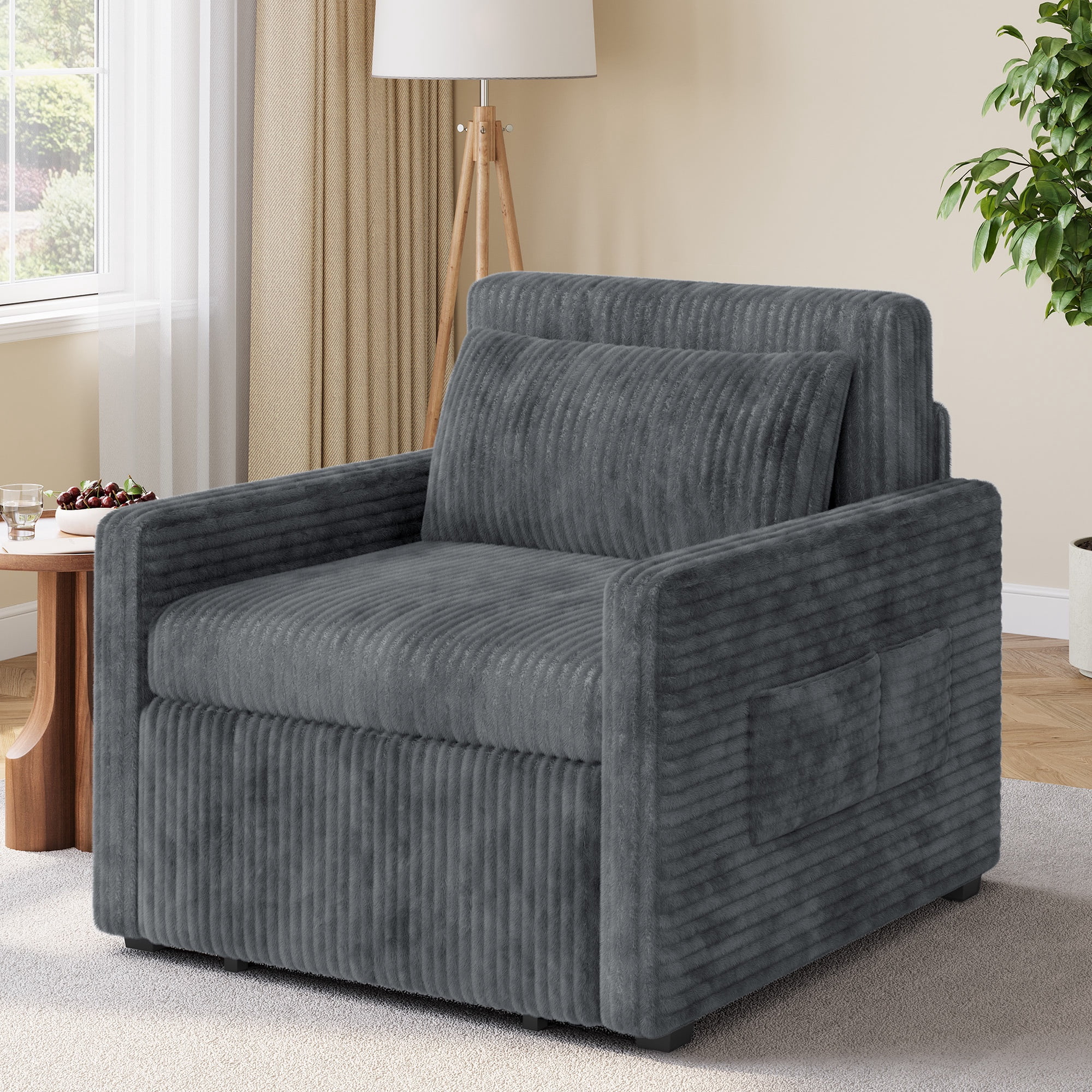 Noelse 3-in-1 Sleeper Chair Bed, Convertible Sofa Bed with Pull-Out Recliner, Corduroy Fabric Accent Chair, Dark Gray