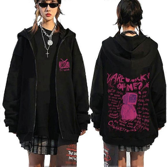 TV Girl Who Really Cares Graphic Print Zipper Hoodie Men Women Fashion Casual Oversized Zip Up Jacket Male Fleece Sweatshirts