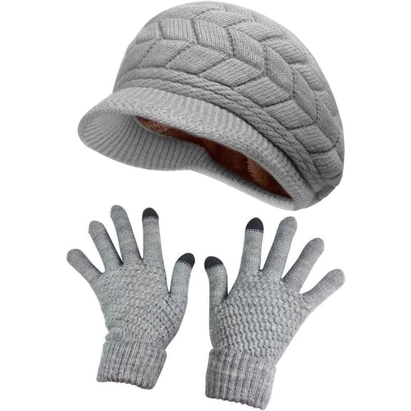 Minzimin Womens Winter Hat and Gloves Set for Girls Wool Knit Skull Cap with Visor