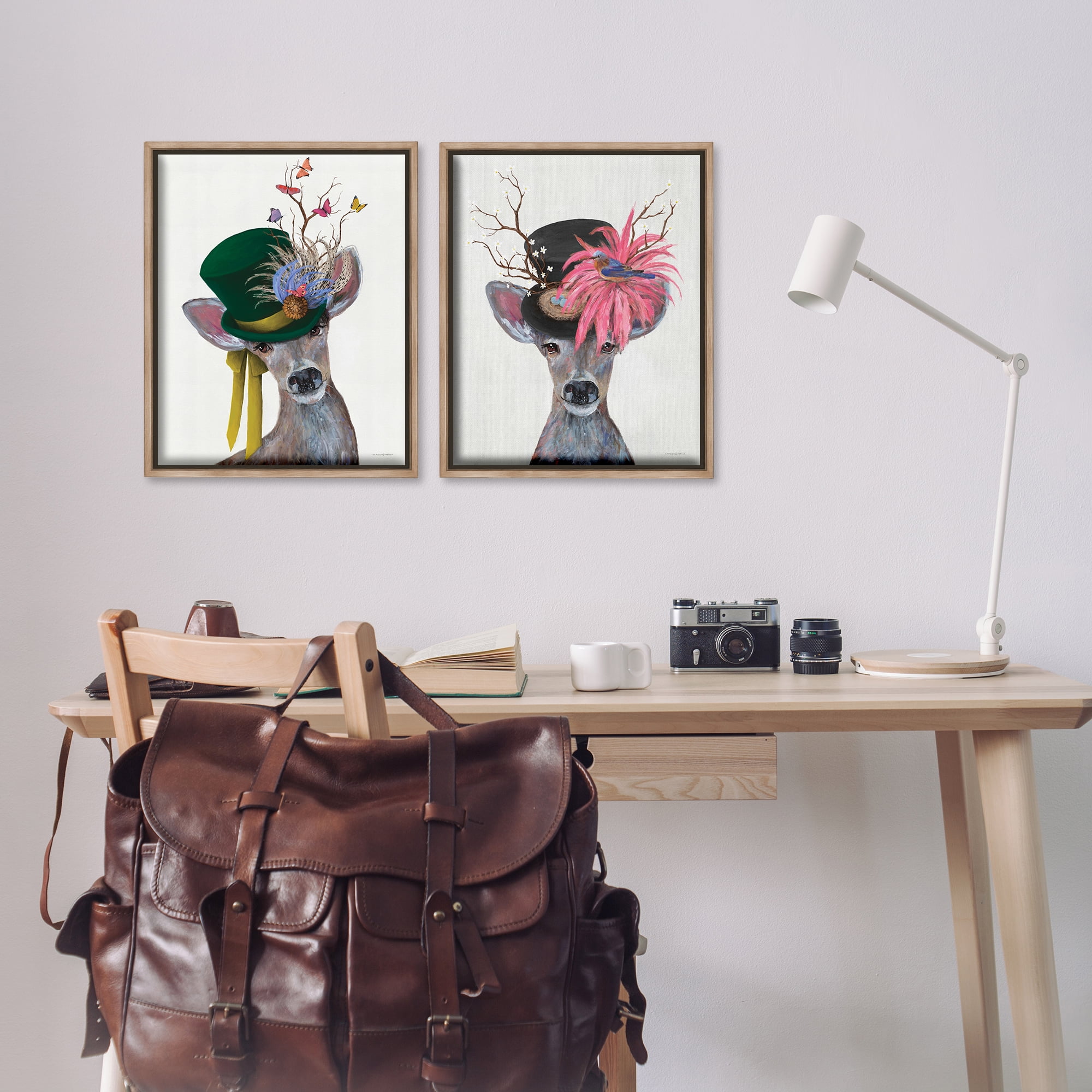 Stupell Industries Dapper Deer Floral Top Hat Animals Painting Brown Floater Framed Canvas Art Print Wall Art, 17 x 21, Set of 2