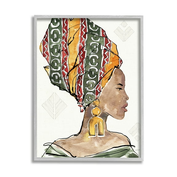 Stupell Industries African Woman Patterned Head Wrap Strong Portrait Modern Painting Gray Framed Art Print Wall Art, 11 x 14, Design by Anne Tavoletti