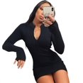 thumbnail image 1 of Women Zipper Front Deep V Neck Bodycon Party Dresses Solid Color Turtleneck Long Sleeve Mini Club Dresses, 1 of 9