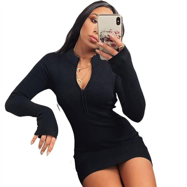 Women Zipper Front Deep V Neck Bodycon Party Dresses Solid Color Turtleneck Long Sleeve Mini Club Dresses