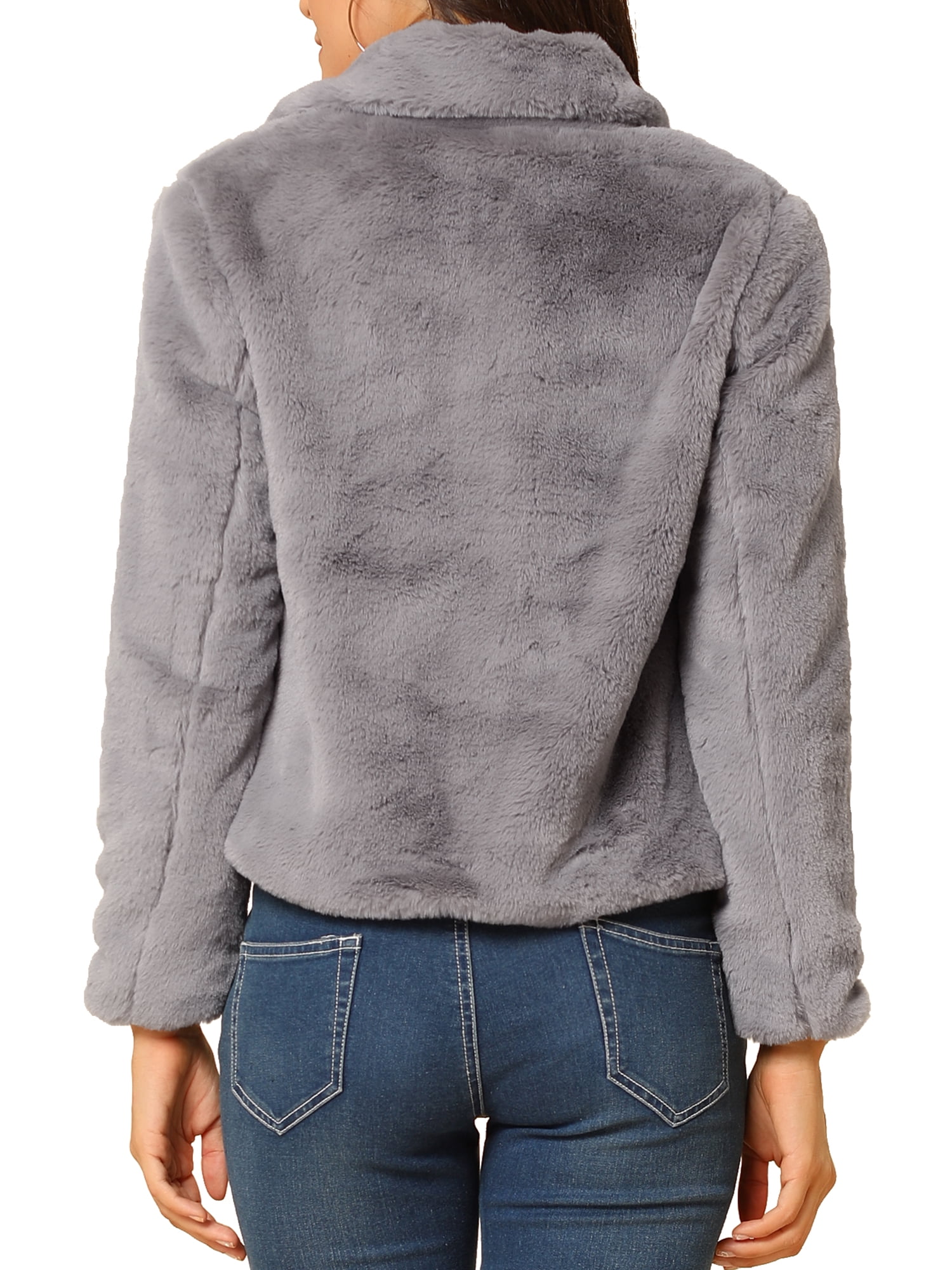 DARING DIVA Women's Cropped Notch Lapel Faux Fur Fluffy Coat S Grey