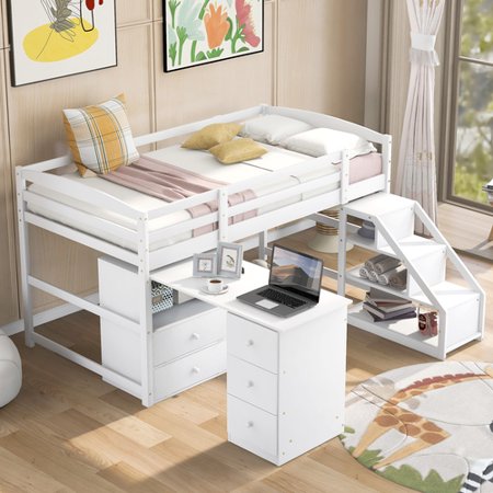 Low Loft Bed with Desk and Staircase  Twin Size Loft Bed with Storage Drawers and Multifunctional Movable Built-in Desk  Wood Loft Bed for Kids Teens Boys and Girls (Twin  White)