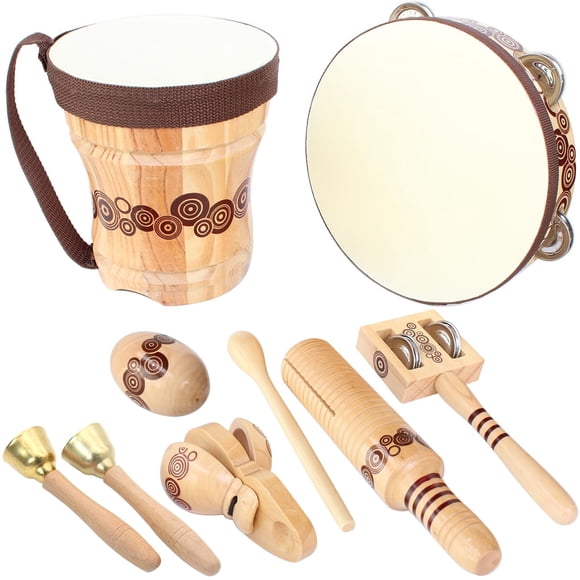 Ensemble d'Instruments de Musique en Bois pour Enfants, Ensemble de 7 Types de Percussion, Tambour, Tambourin 8 Pouces... Pomme en Peau de Mouton Naturelle, Jouets Musicaux pour Tout-Petits, Cadeau pour Rythme