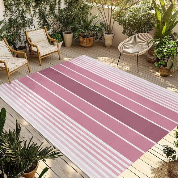 Pink Ombre Stripe Outdoor Rug 6x9 Ft - Reversible Patio Rug Outdoor Camping Rugs, Farmhouse Striped Gradient Washable Indoor Outdoor Area Rugs, Non-Slip Outdoor Carpet Runner for Deck/Porch