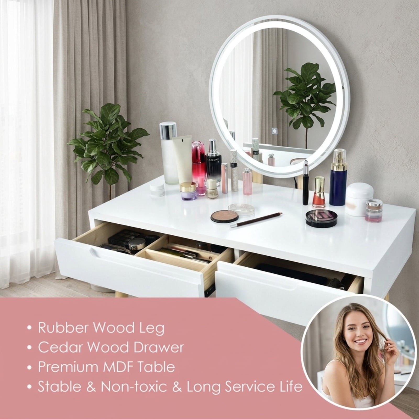 Furnibear Touch Screen Vanity Makeup Table Stool Set with Lighted Mirror for Bedroom Makeup Dressing Room Vanity Desk Mirror Set, White