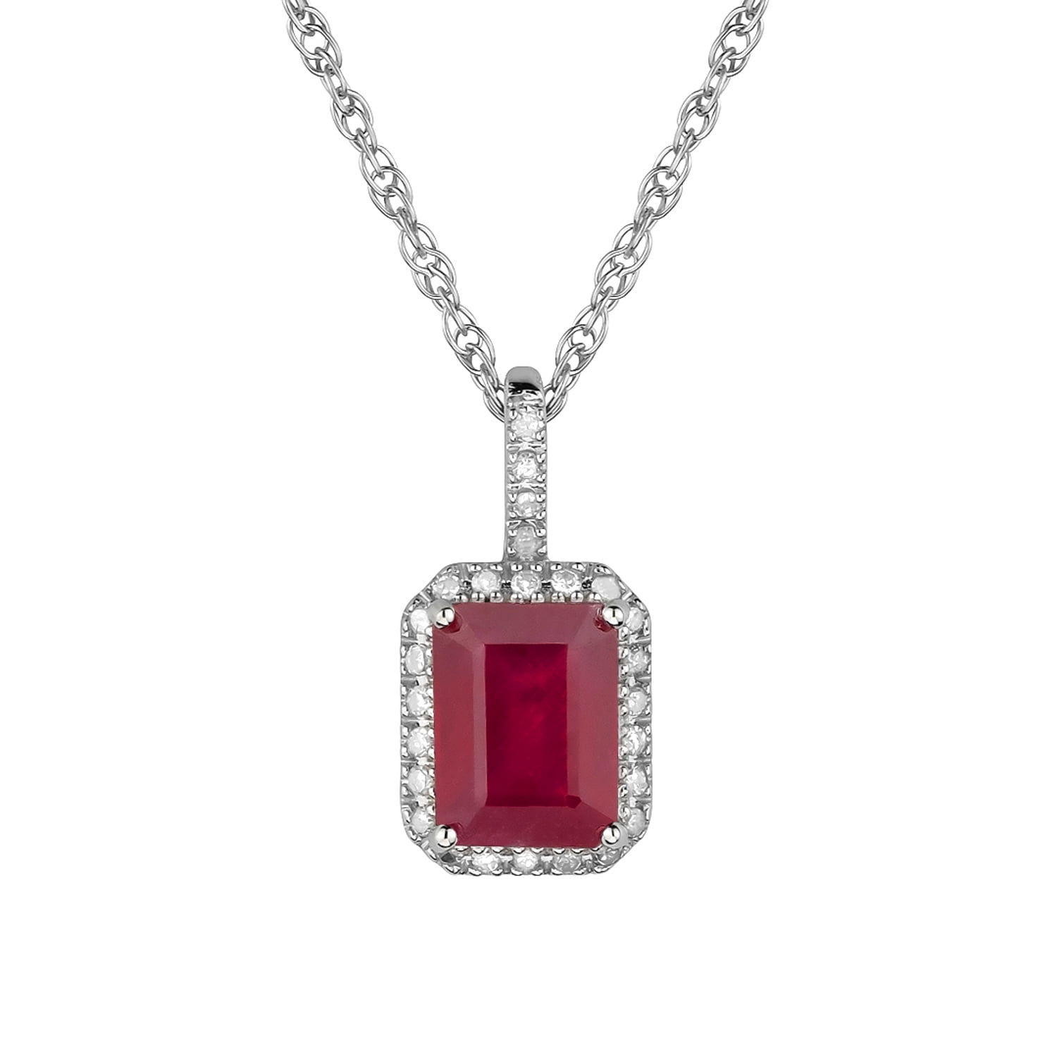 3Ct Emerald Cut Red Ruby And Diamond Halo Pendant Free Chain 14K White Gold Over
