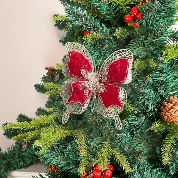 pstuiky Mariposas navideñas artificiales para decorar el árbol de Navidad, con clip y purpurina. Ideales para bodas, cumpleaños y fiestas.