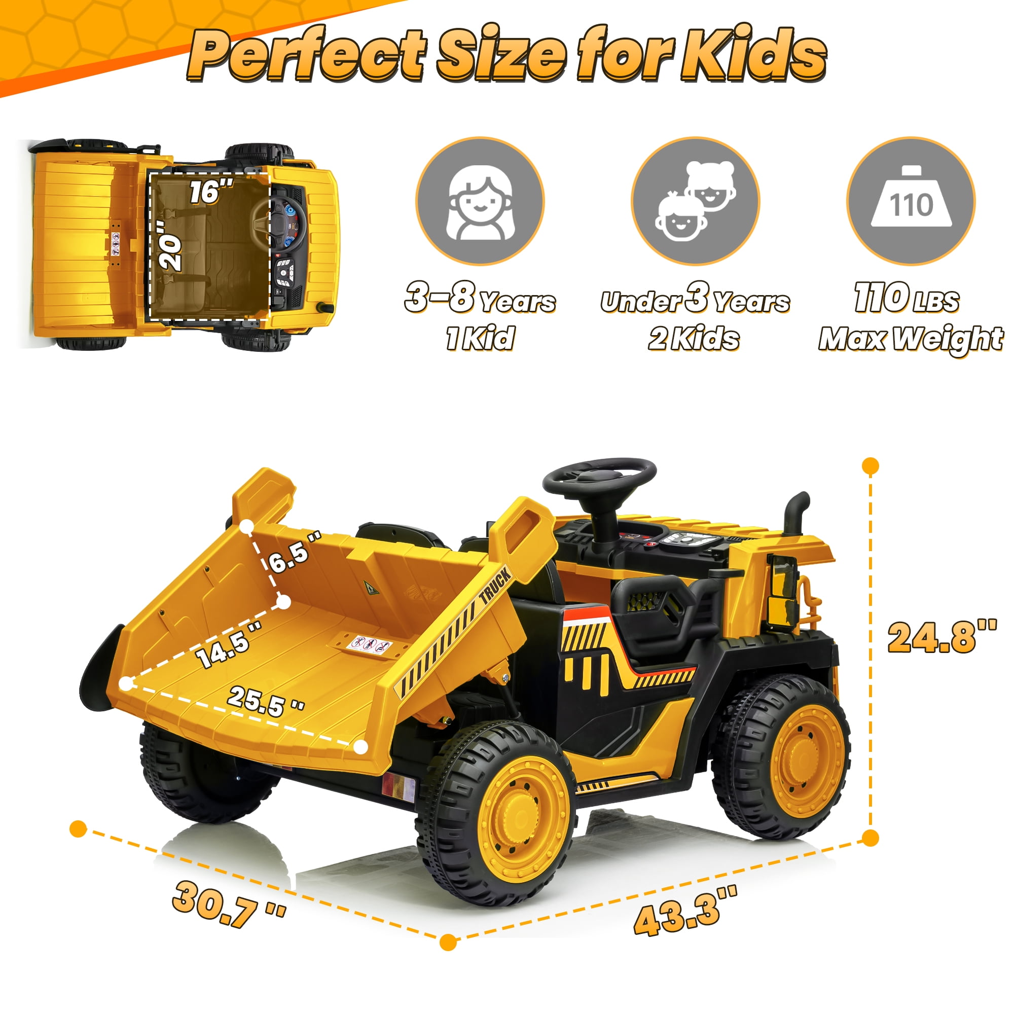 Funride 24V Ride on Toys 2 Seater Ride on Dump Truck w/ Remote Control w/ Dump Bed, 3 Speeds, Shovel, Bluetooth/Music, Big Kids, Yellow