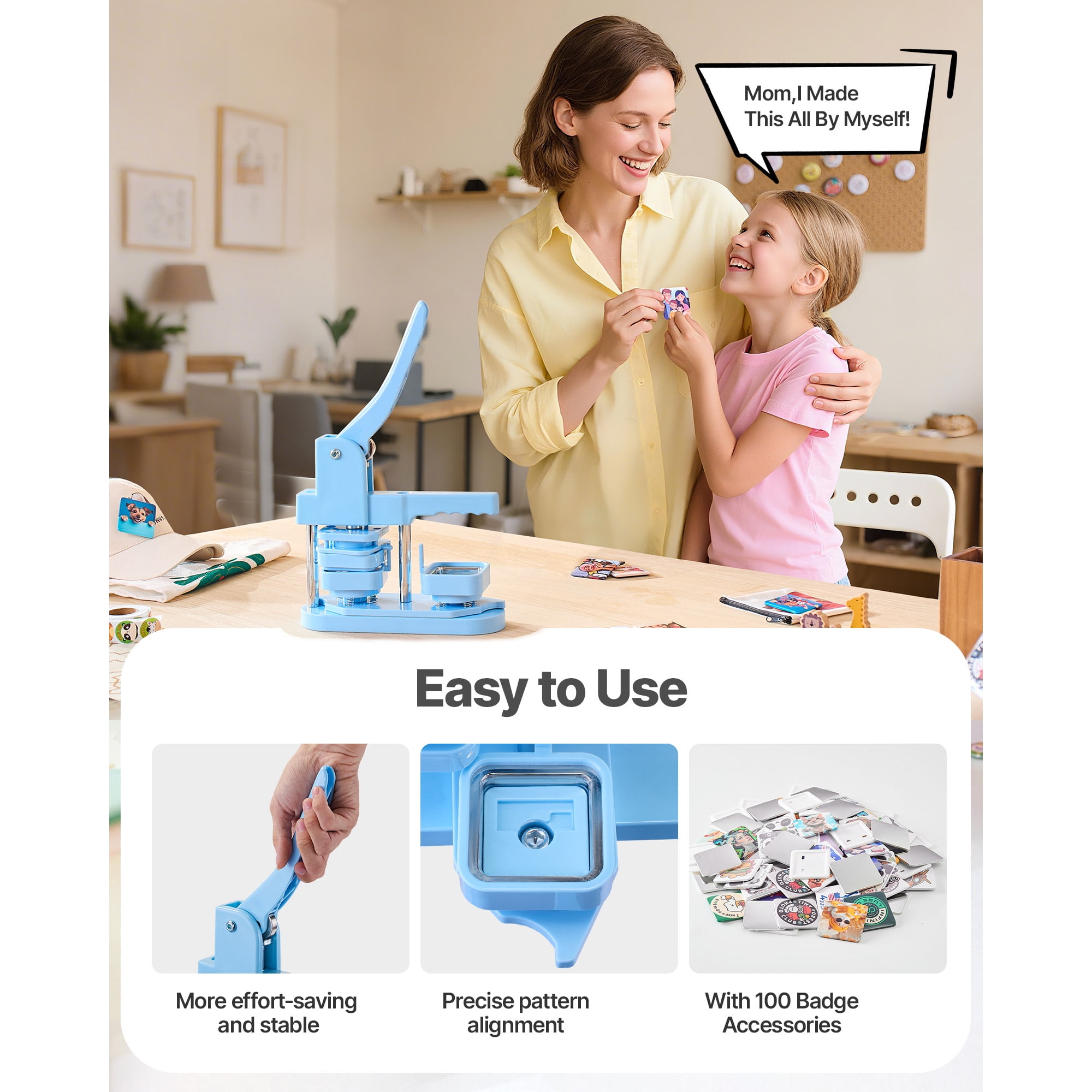 KFFKFF Square Button Maker Machine, 1.97 x 1.97 in, Plastic Pin Maker with Tinplate Front Shells, Plastic Back Covers, Magnetic Backings, Transparent Films, Ergonomic Handle, Blue