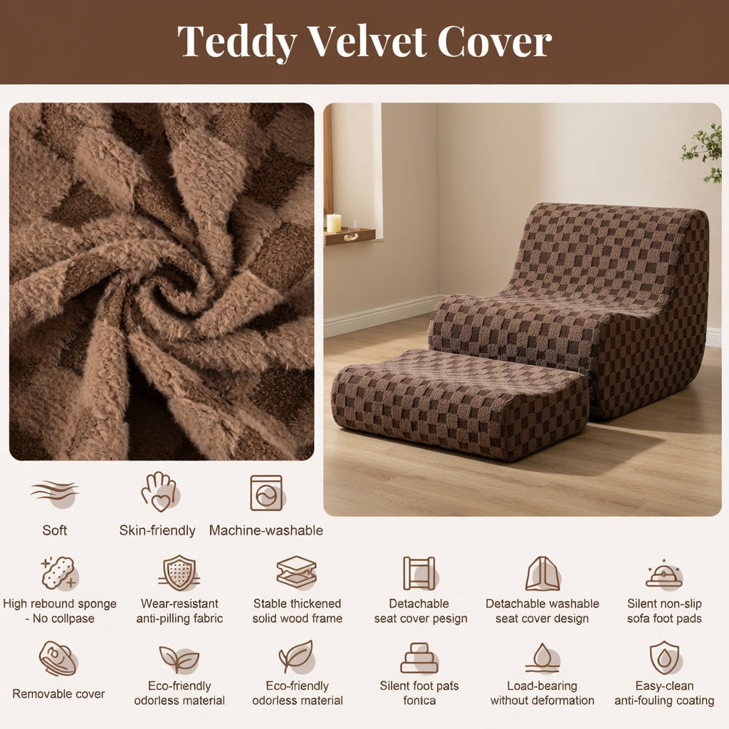 Hommoo Teddy Velvet Bean Bag Chair Set with Ottoman, High-Rebound Foam, Machine-Washable Cover, Non-Slip Base, No Assembly Needed, Brown
