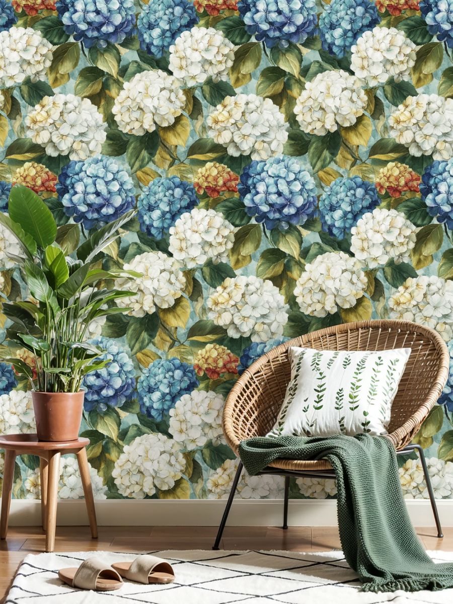 Peel and Stick Wallpaper Vibrant Hydrangea Floral Blue White Yellow Blooms Wall Mural 23.6in x 9.8ft Self Adhesive Removable Wall Paper Renter Friendly Wallpaper for Nursery Bedroom Cabinets