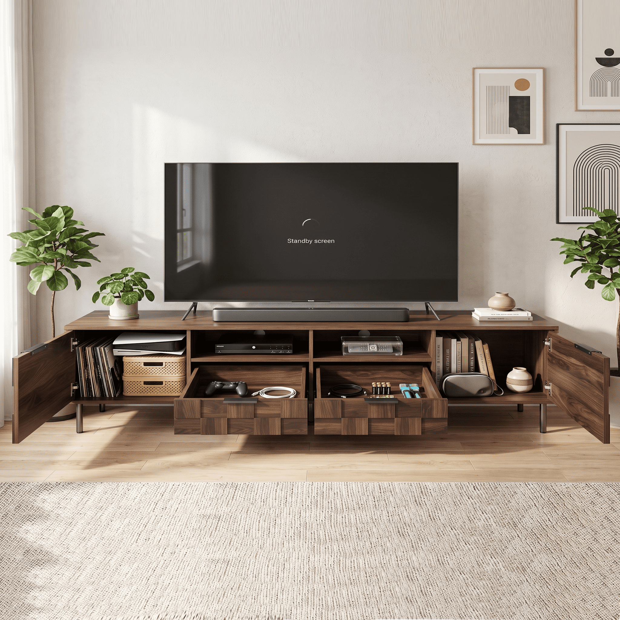 Homy Casa 78.7-inch Walnut Mid Century TV Stand for 80-inch Screens with Geometric Doors and Drawers