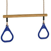 HUAWELL Wooden Trapeze with Plastic Gym Rings - Outdoor N Indoor Playground 2 in 1 Swing Set Accessories for Kids (Blue)