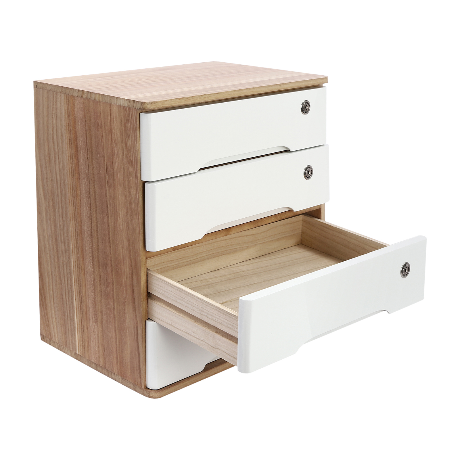 4 Tier Wooden Desktop Storage Box with Lockable Drawers, Office Supplies File Organizer, Art Storage Cabinets, Multipurpose Tool Box for Home Office(Wood Color + White)
