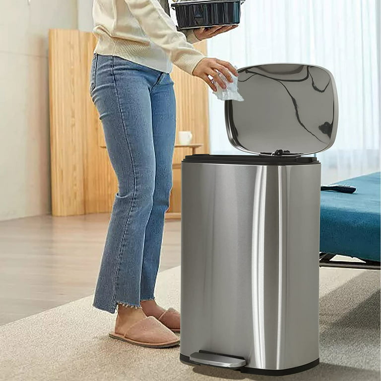 Yrllensdan 13 Gallon Kitchen Trash Can with Lid, Bathroom Stainless Steel Trash Can with Foot Pedal and Plastic Inner Bucket Garbage Can Soft Close