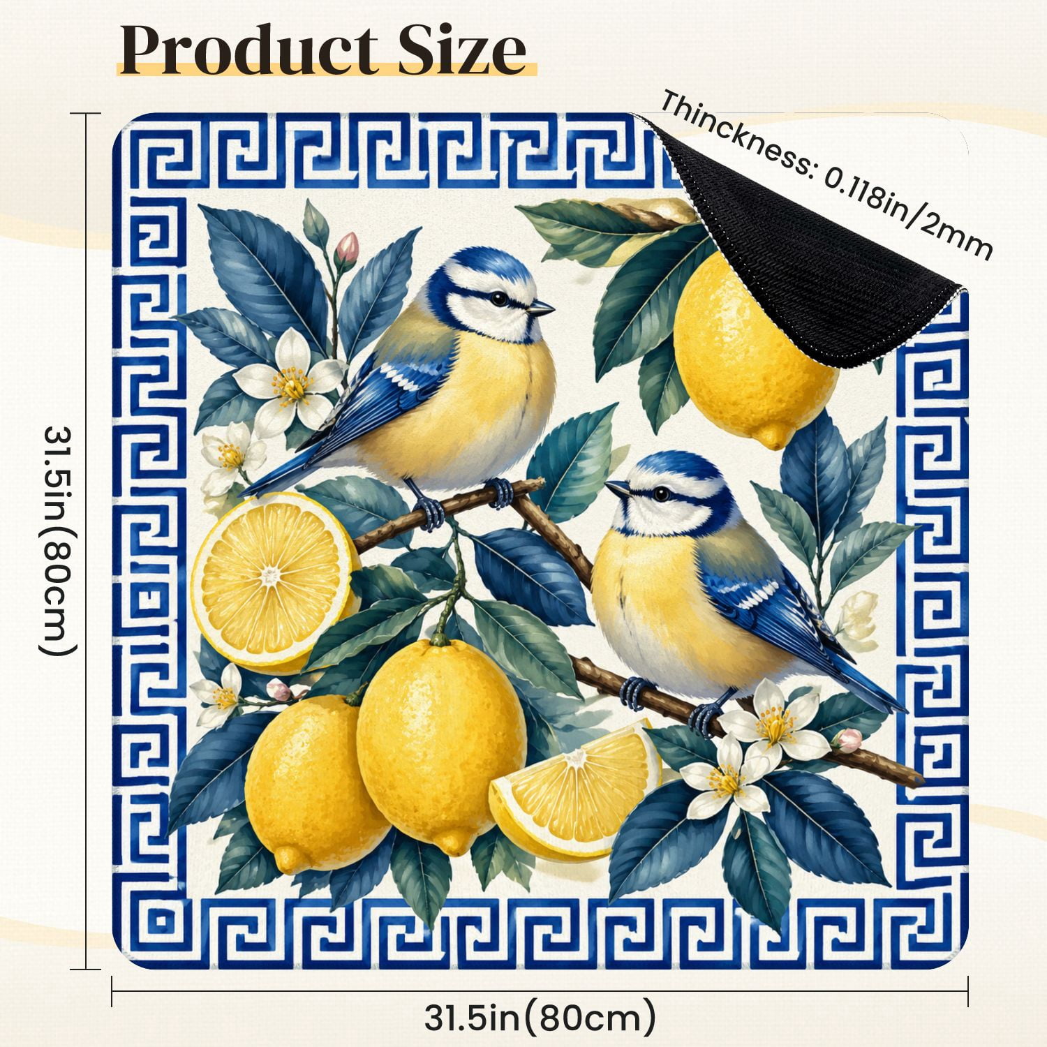 Mahjong Mat 31.5" x 31.5" Blue Tits Birds Perched Lemon Branches Blossoms Vibrant Botanical Non-Slip Noise Reduction Mahjong Tiles Table Cover for Dominoes Poker Card Board and Tile Games
