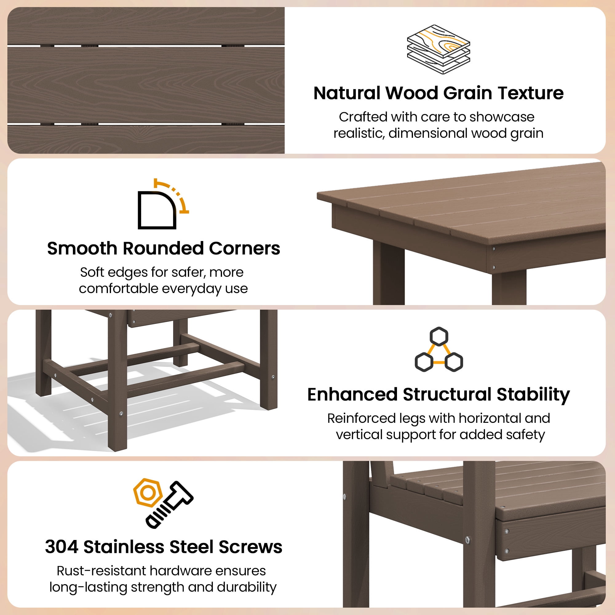 KINGYES 5 Piece Patio Dining Set for 4, HDPE Outdoor Table and Chairs Set with Umbrella Hole, Dark Brown