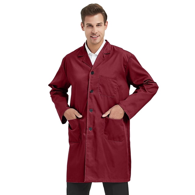 TOPTIE Unisex Scrubs Lab Coat Professional Doctor Uniform Workwear Long Sleeve Shop Coat-Burgundy-XL