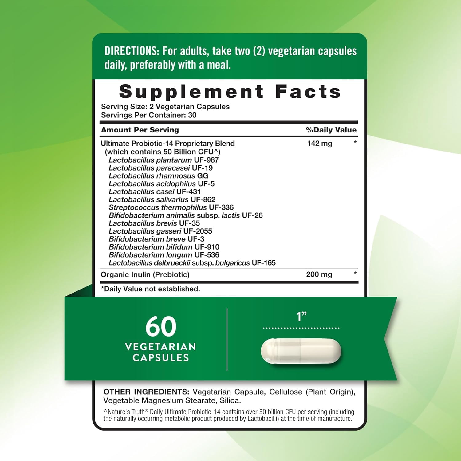 Probiotic | 50 billion CFU | 14 Probiotic Strains | 60 Capsules | 200mg Prebiotics | by Nature's Truth