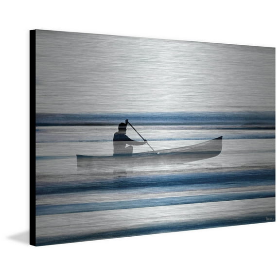 Parvez Taj  - Blue Lake Canoe Painting Print on Brushed Aluminum Multi-color 36 x 24