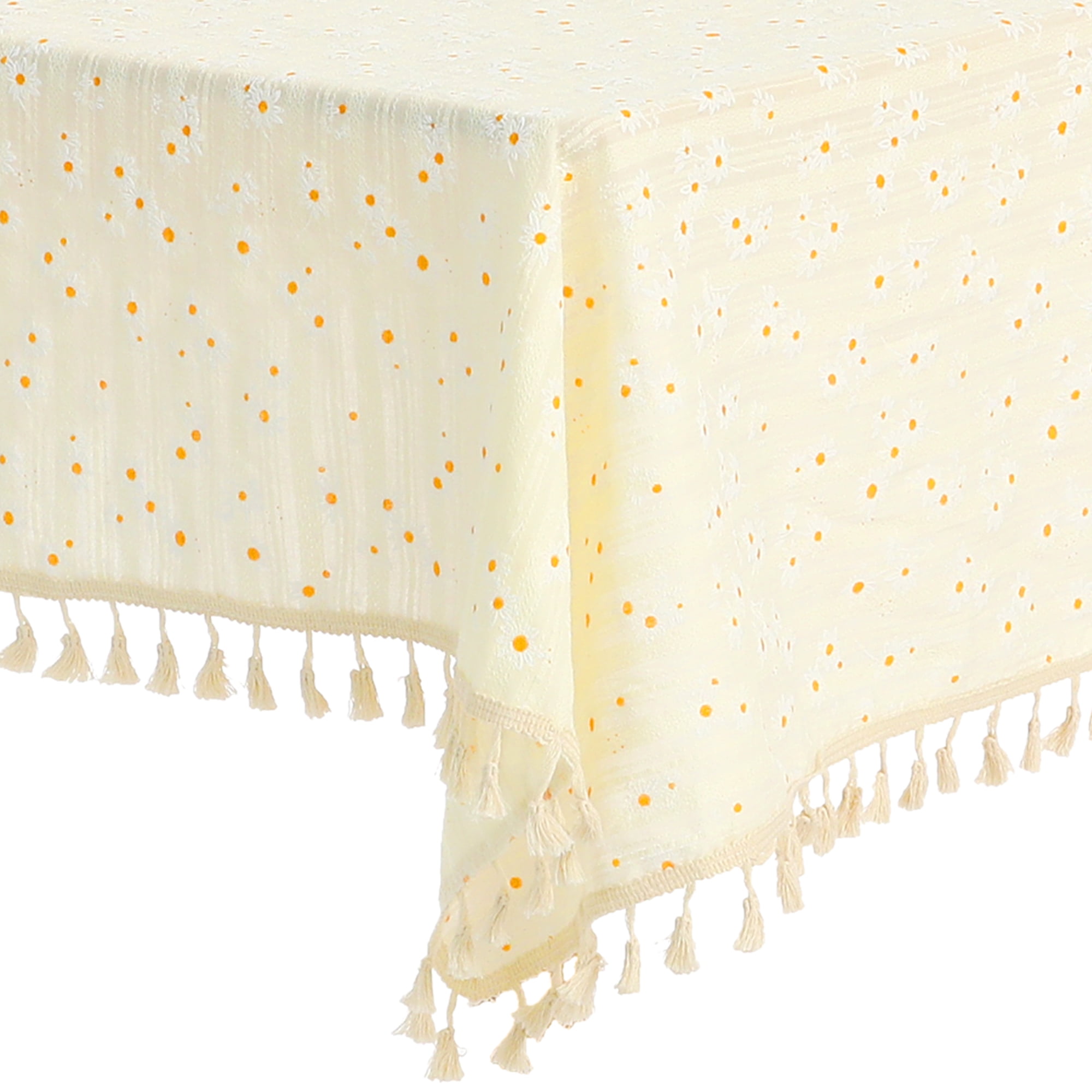 Unique Bargains Rectangle Cotton Yellow Table Cover Tablecloth Tassels 35"x35"