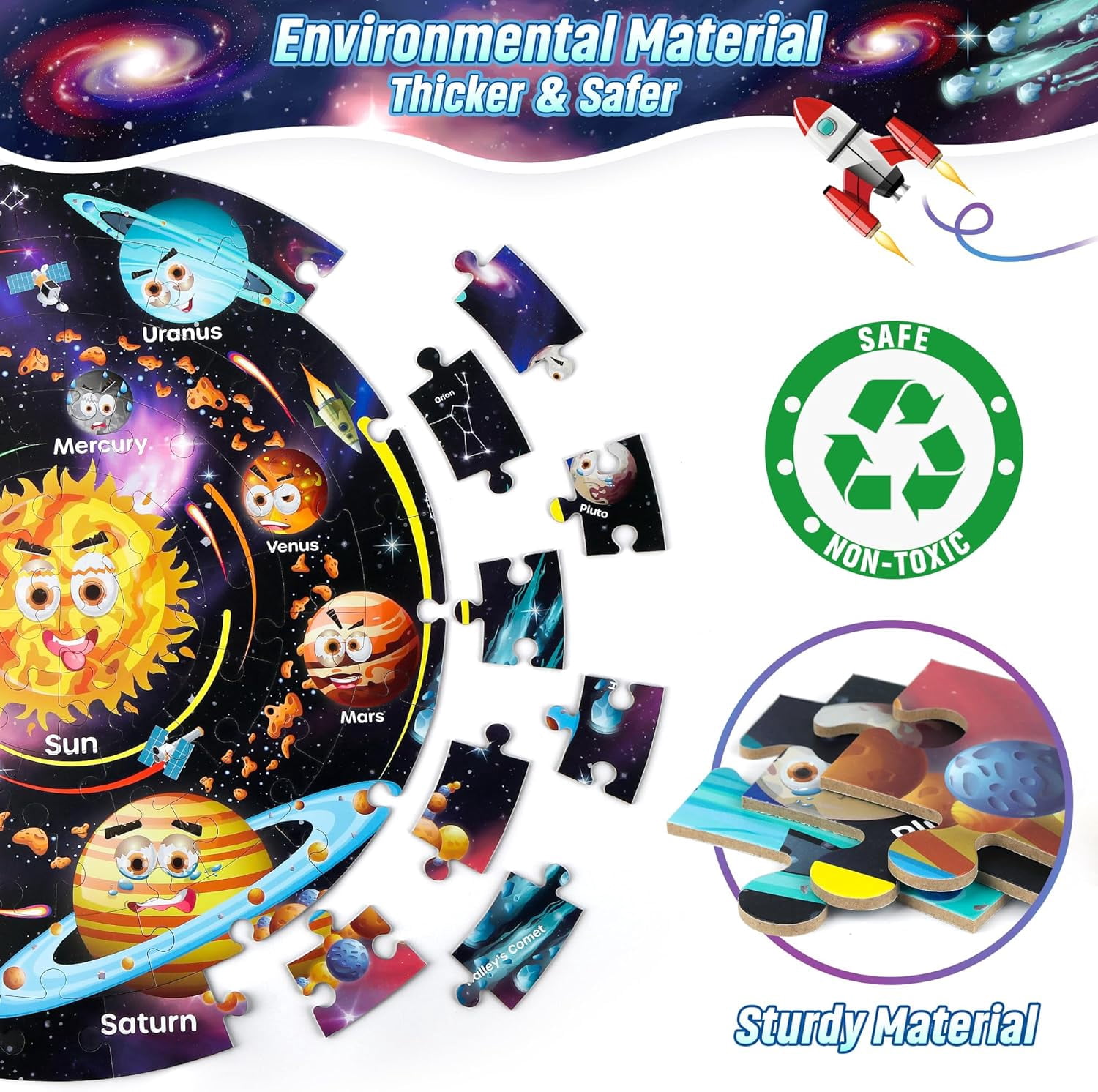 SYNARRY Solar System Floor Puzzle for Kids Age 3-8, 70-Piece Large Wooden Jigsaw Puzzle Set, FSC Certified Educational Puzzles