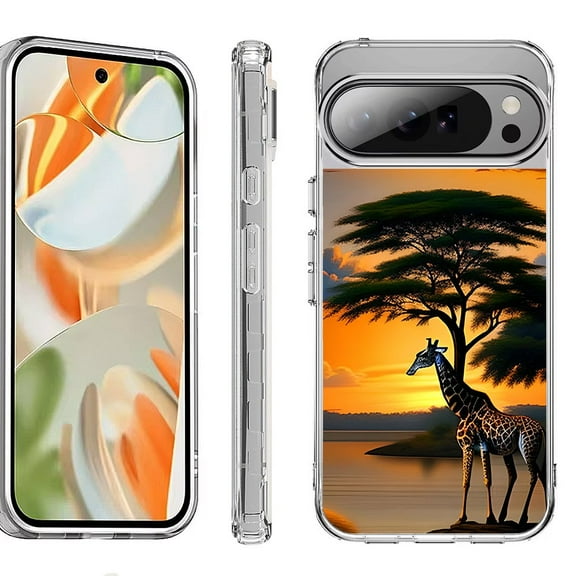 For Google Pixel 10 Pro XL Shockproof Protective Phone Case, by OneToughShield - Giraffe Sunset