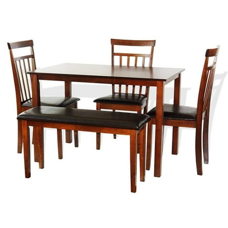 Kitchen Tables With A Bench SK New Interiors Dining Kitchen Wood Set of Rectangular Table and 3 Warm Chair Bench, Dark Walnut ()