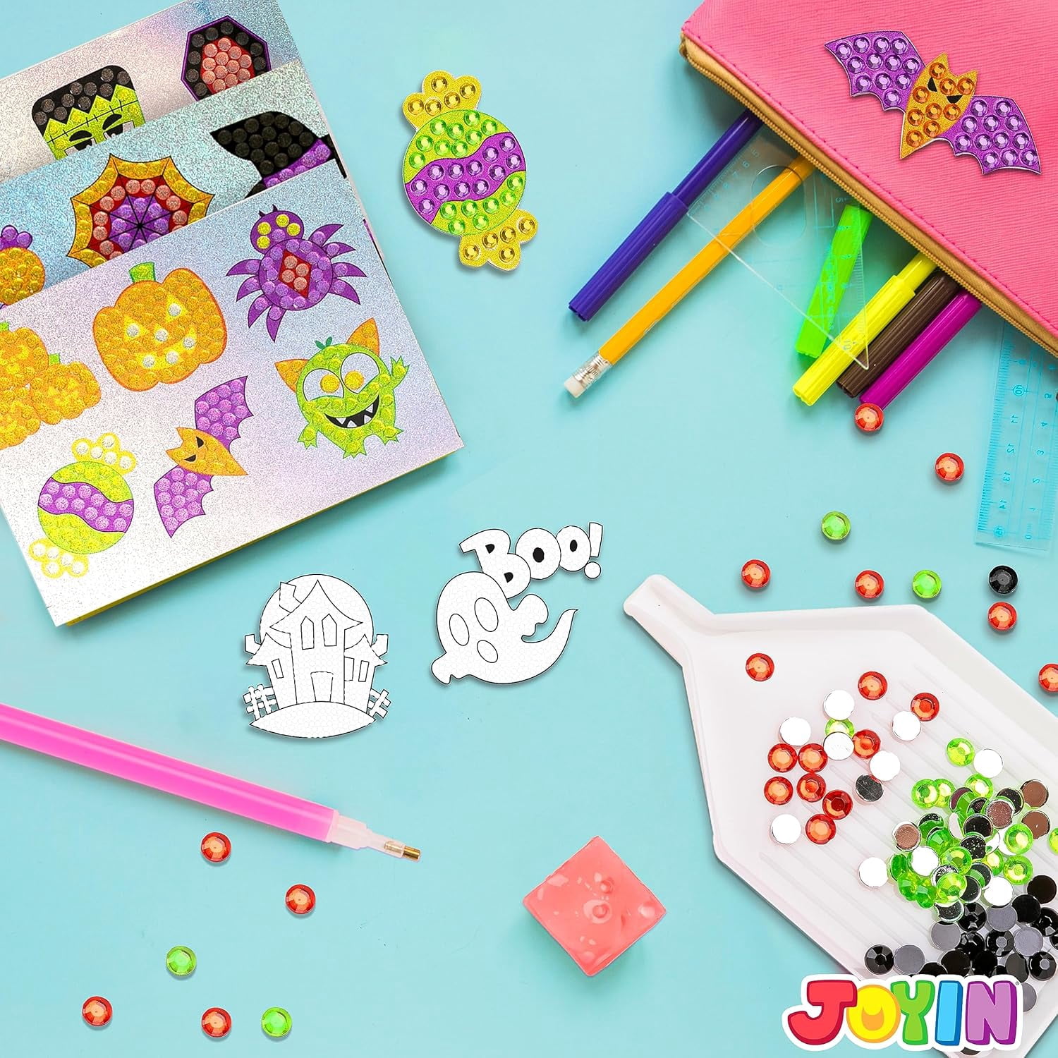 Joyfy Halloween Crafts for Kids,Gem Art Kit Diamond Painting Kit with Stickers,Suncatchers,and Keychains,Halloween Party Supplies Halloween Arts and Crafts