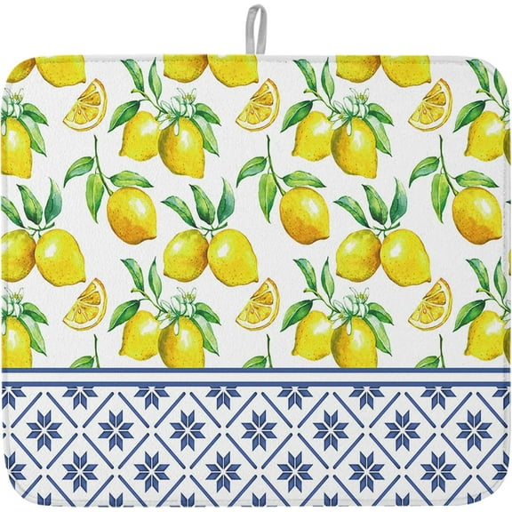 Summer Fresh Lemon Dish Drying Mats for Kitchen Counter Indigo Blue Tile Pattern Microfiber Absorbent Dish Drainer/Rack Mat Reversible Hangding Quick Drying kitchen Mat, 18x24inch Machine Washable