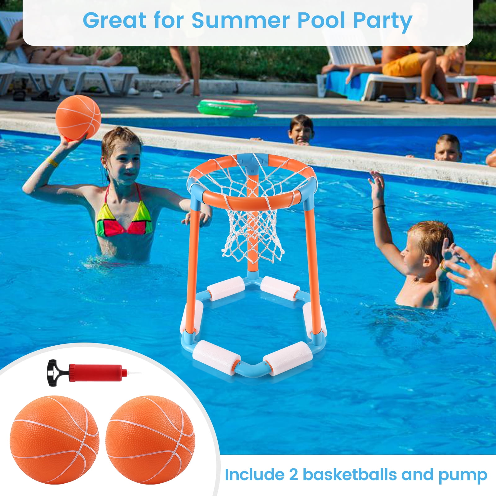 Swimming Pool Basketball Hoop Poolside Set with 2 Balls and Pump, Water