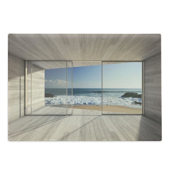 Modern Cutting Board, Empty Lounge Area Large Window and View of Sea Waves Rocks Art, Decorative Tempered Glass Cutting and Serving Board, Large Size, Beige Blue White, by Ambesonne