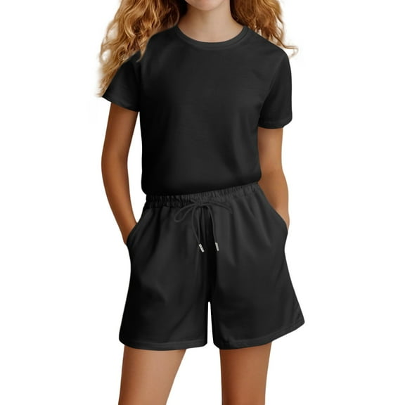 Teen Girl Clothes 12-14 Years Old Shorts Girls 2 Piece Outfits Cotton Summer Short Sleeve T Shirt Tops and Drawstring Shorts Clothing Sets