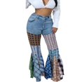 thumbnail image 1 of YDLCAFD Women High Waist Patchwork Flare Jeans Plaid Bottom Ruffle Hem Denim Long Pants Trousers S, 1 of 6