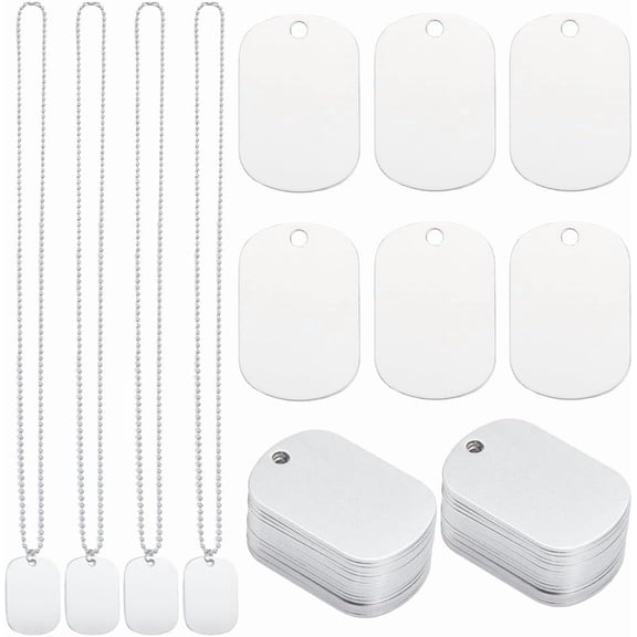 1 Box DIY 20 Sets Necklace Stamping Blanks Metal Blank Tags Metal Silver Rectangular Name ID Engraving Blank with Stainless Steel Chains for Jewelry Making Necklace Pets DIY Accessories White
